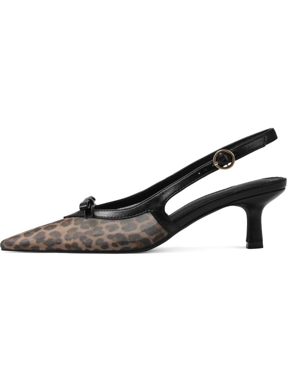 Women Leopard Print Bow Ankle Strap Pointed Toe Slingback Buckle Kitten Heels